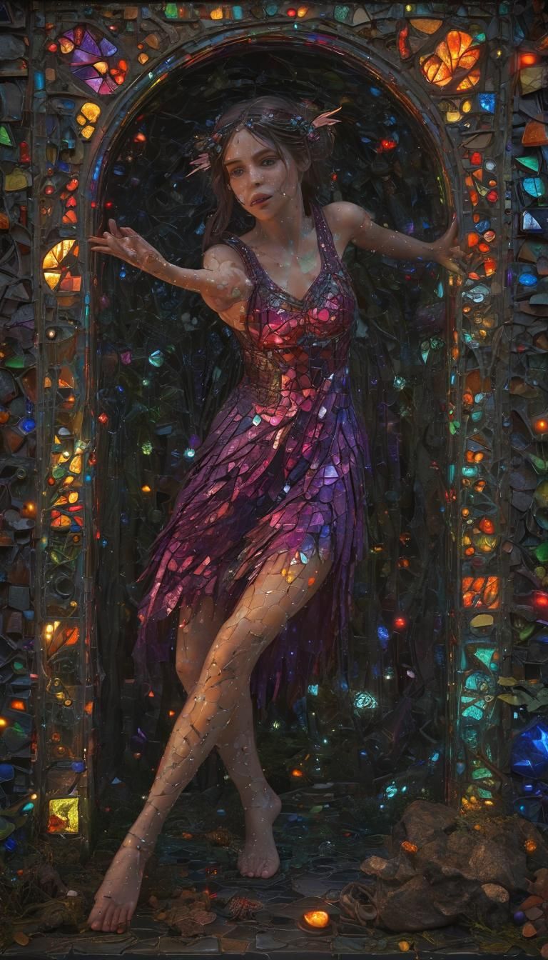 Kyrielle's vibrant Abysal Colorful neon glowing Glass Filter on Pandora Box Escape, hobbit cottage morphing from fantast...