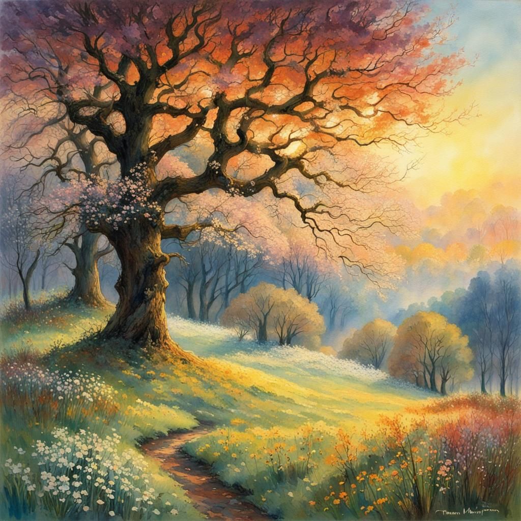 Enchanted Spring Forest Watercolor Painting