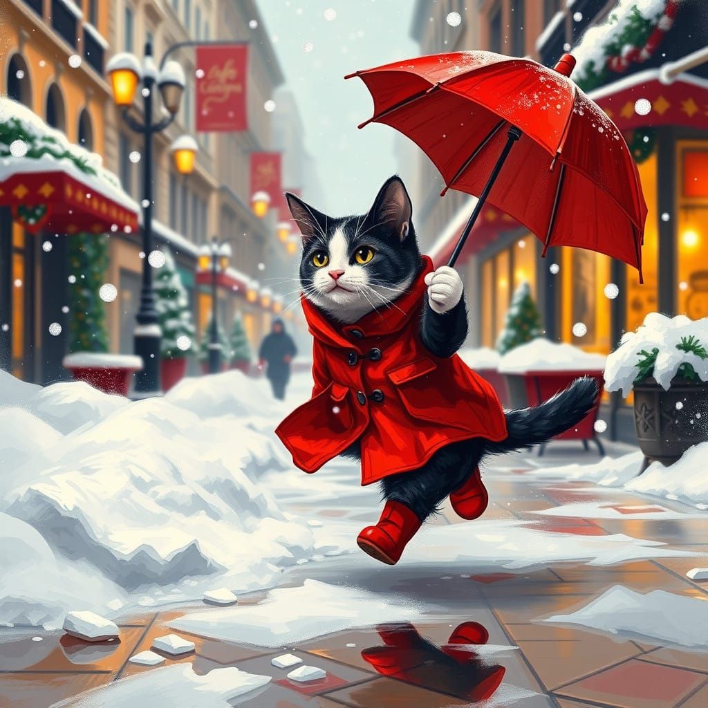 Vibrant Snowy Scene with Red-Caped Cat in Post-Impressionist...