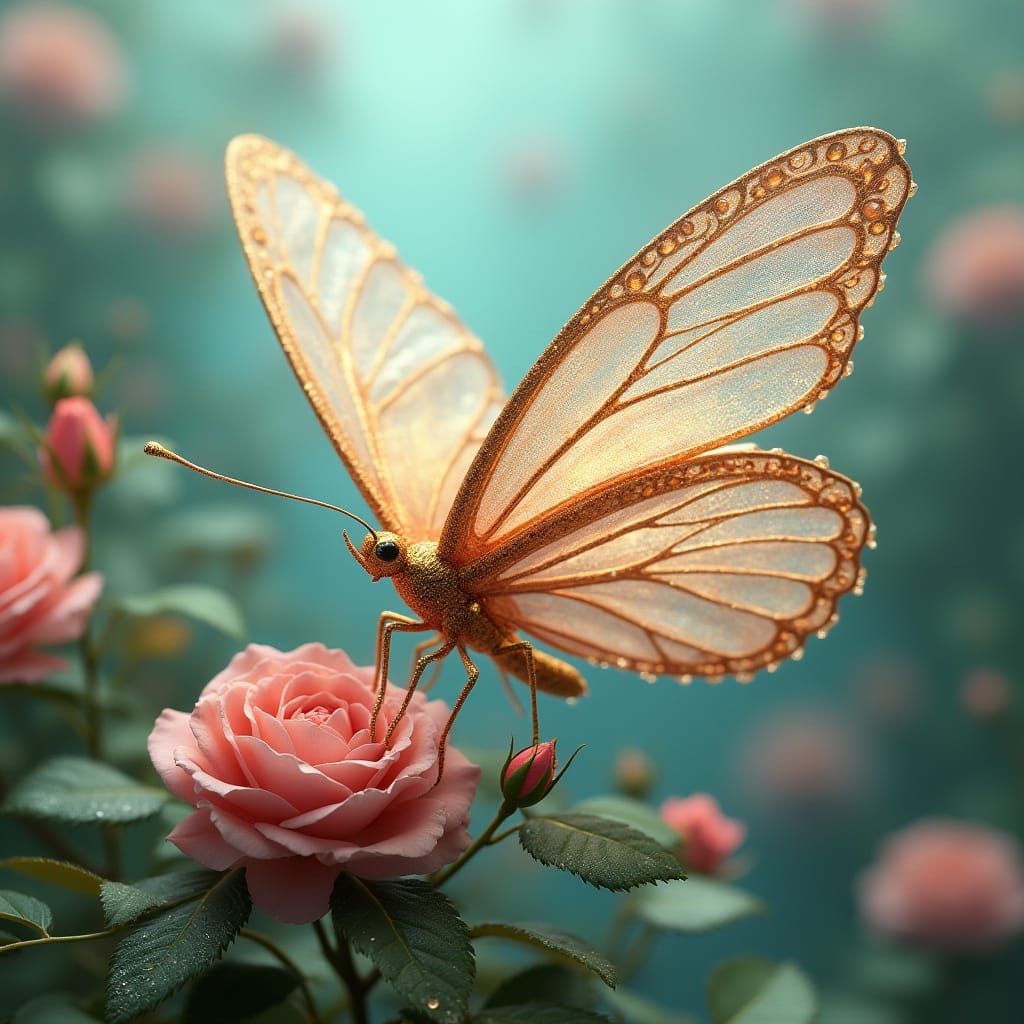 Elegant Butterfly with Pearl Wings in Surreal Rose Garden