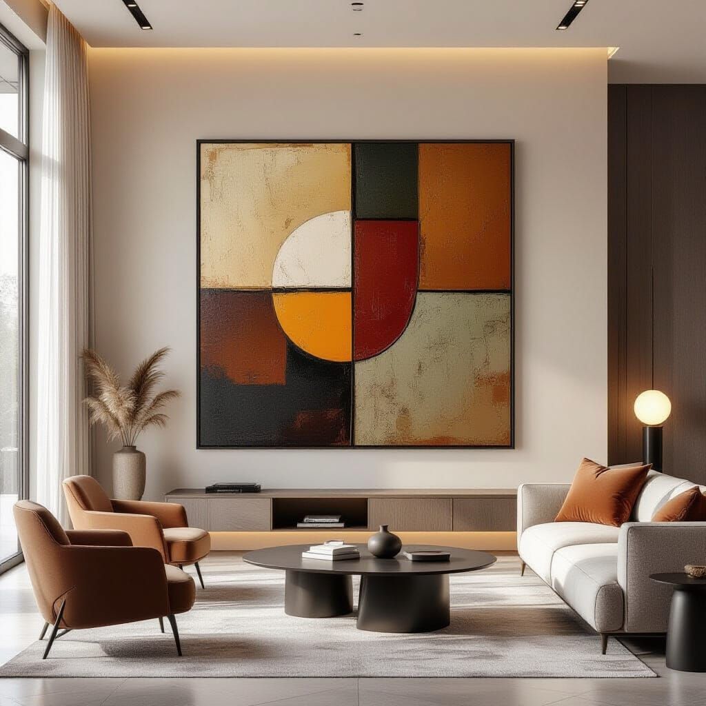 Abstract Earth Tone Painting in Luxurious Modern Living Room
