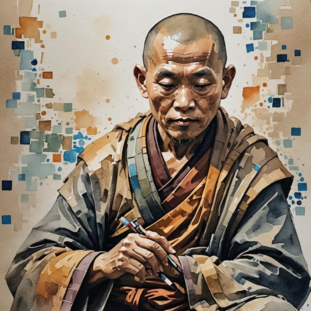 Shaolin Monk Practice in Mosaic Watercolour Style