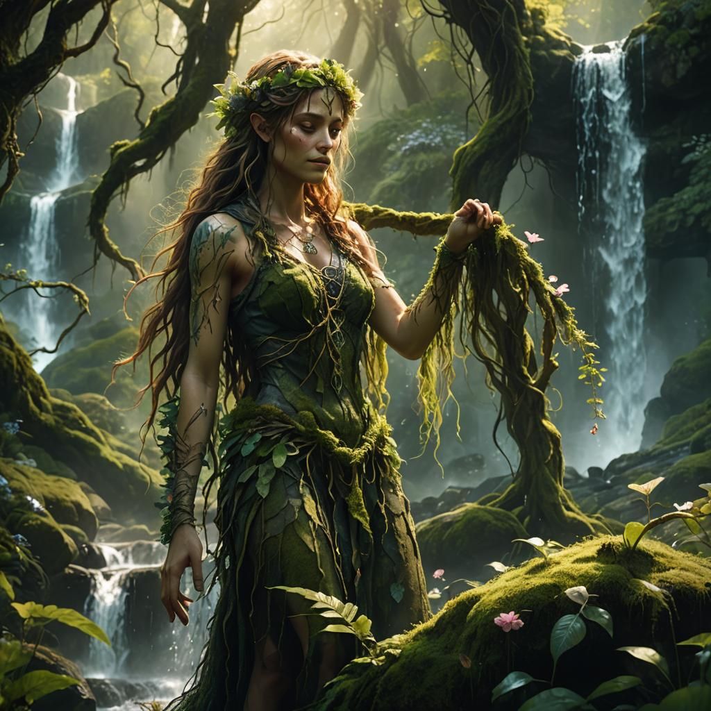 Forest Dryad Near Waterfall in Magic Realism