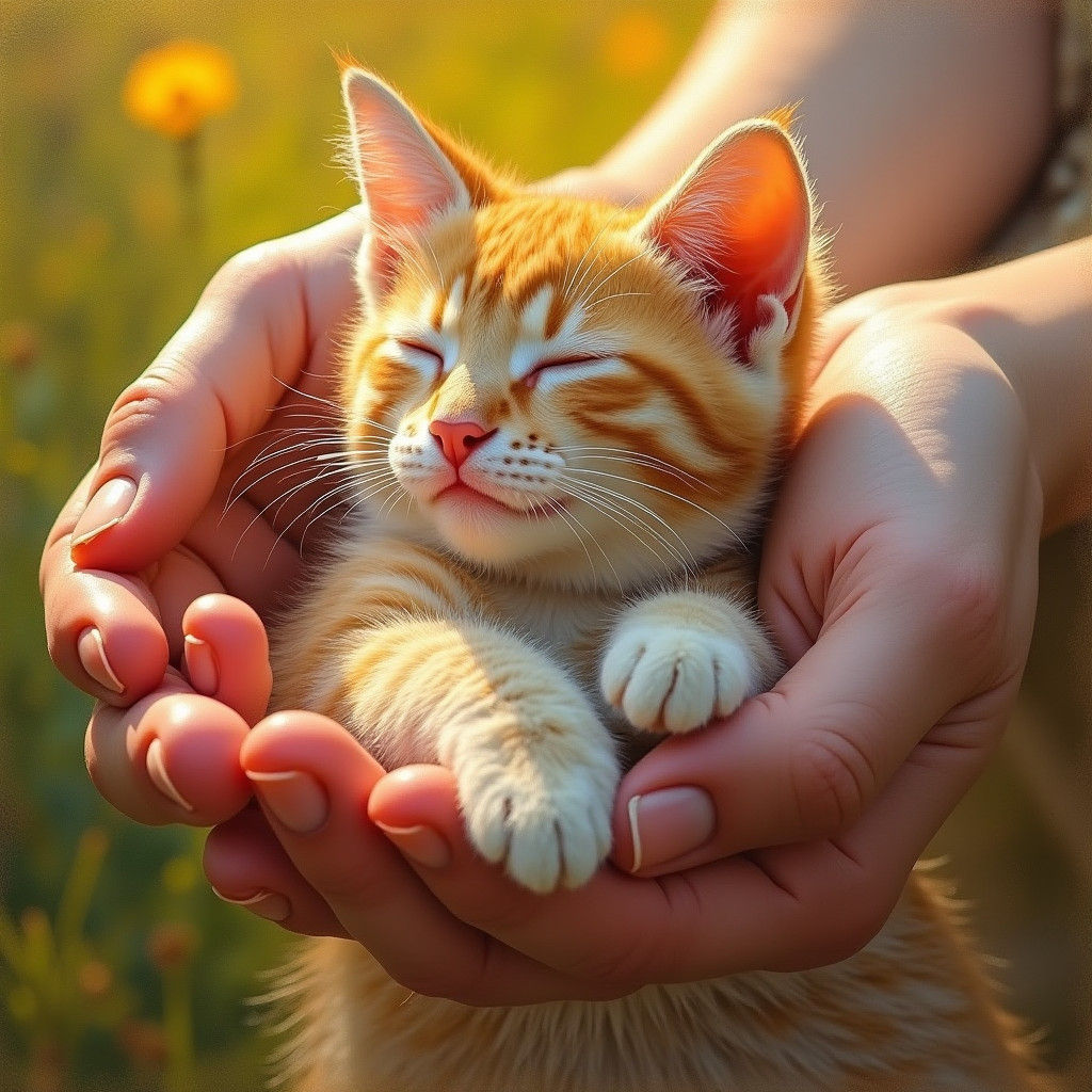 Cat Cradled in Hands: Expressive, Emotive Art