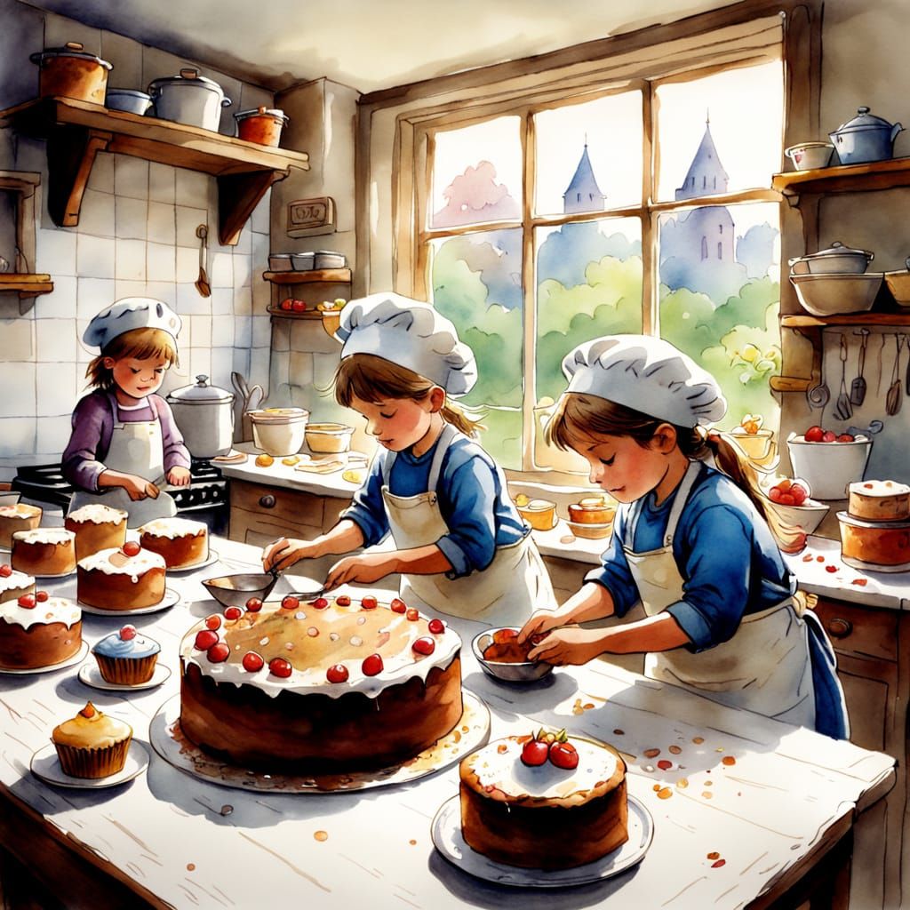 Whimsical Children's Baking Scene in Watercolour Style