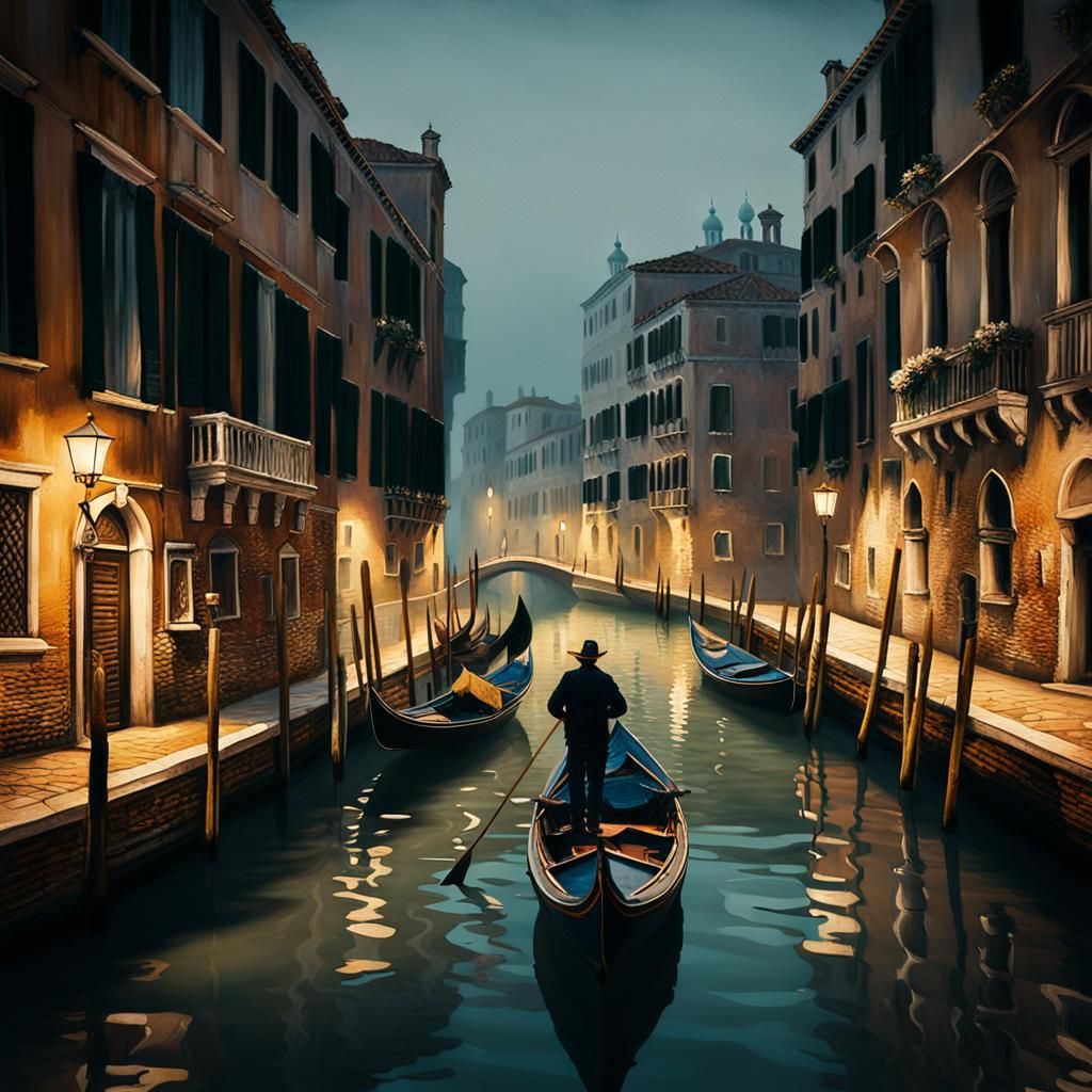 Venice Gondolier at Night in Impressionist Oil Painting