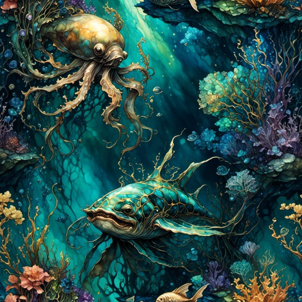 Fantasy Deep-Sea Creatures in Dark Ocean
