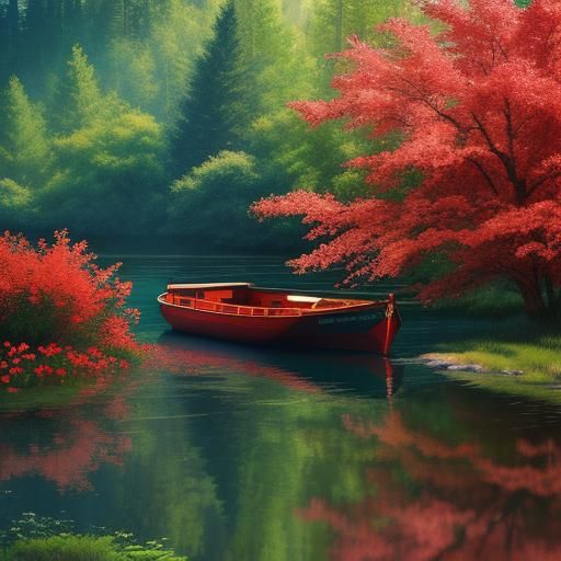 Hyperrealistic Giant Boat in Forest Lake Summer