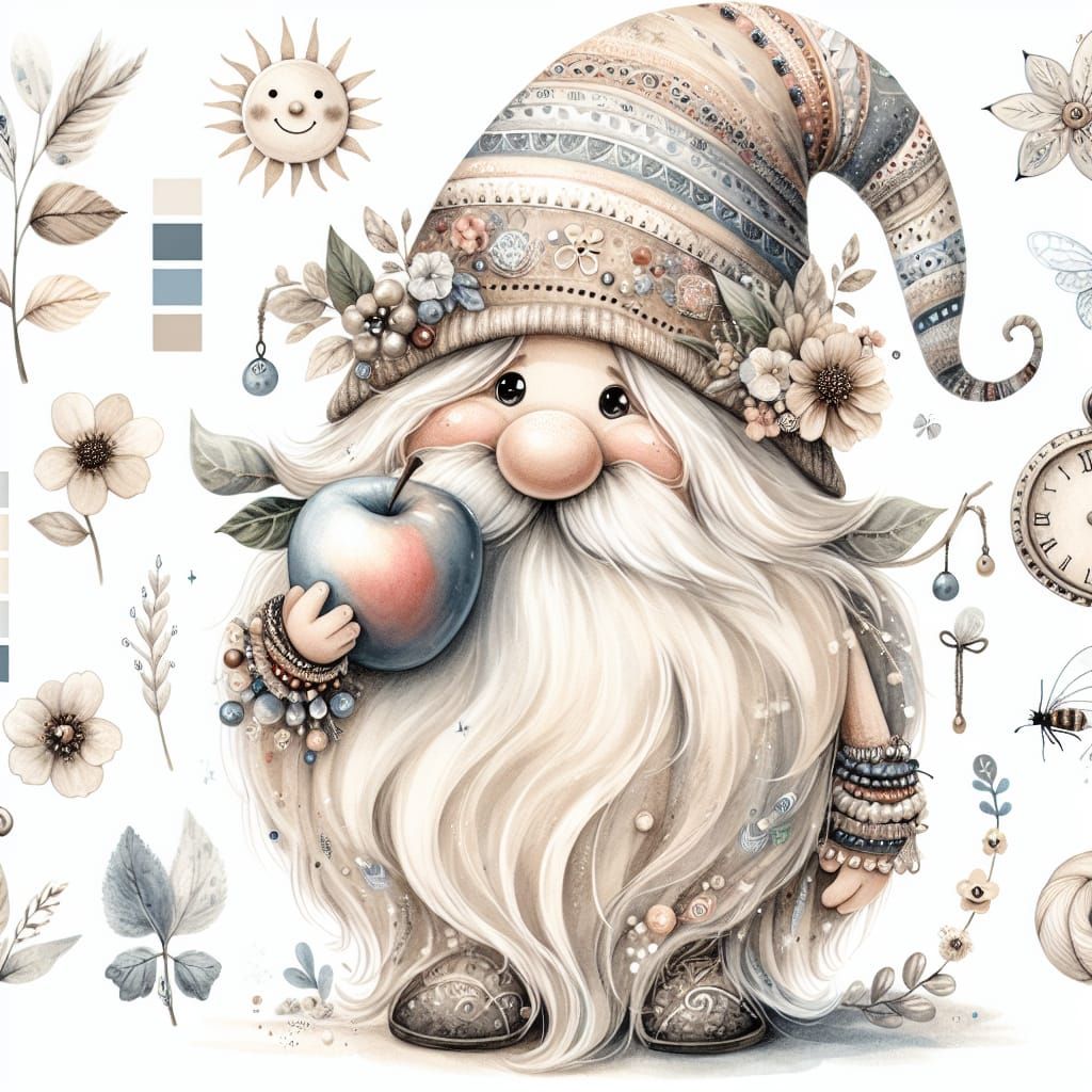 an illustrated Boho summertime gonk gnome eating an apple.. ...