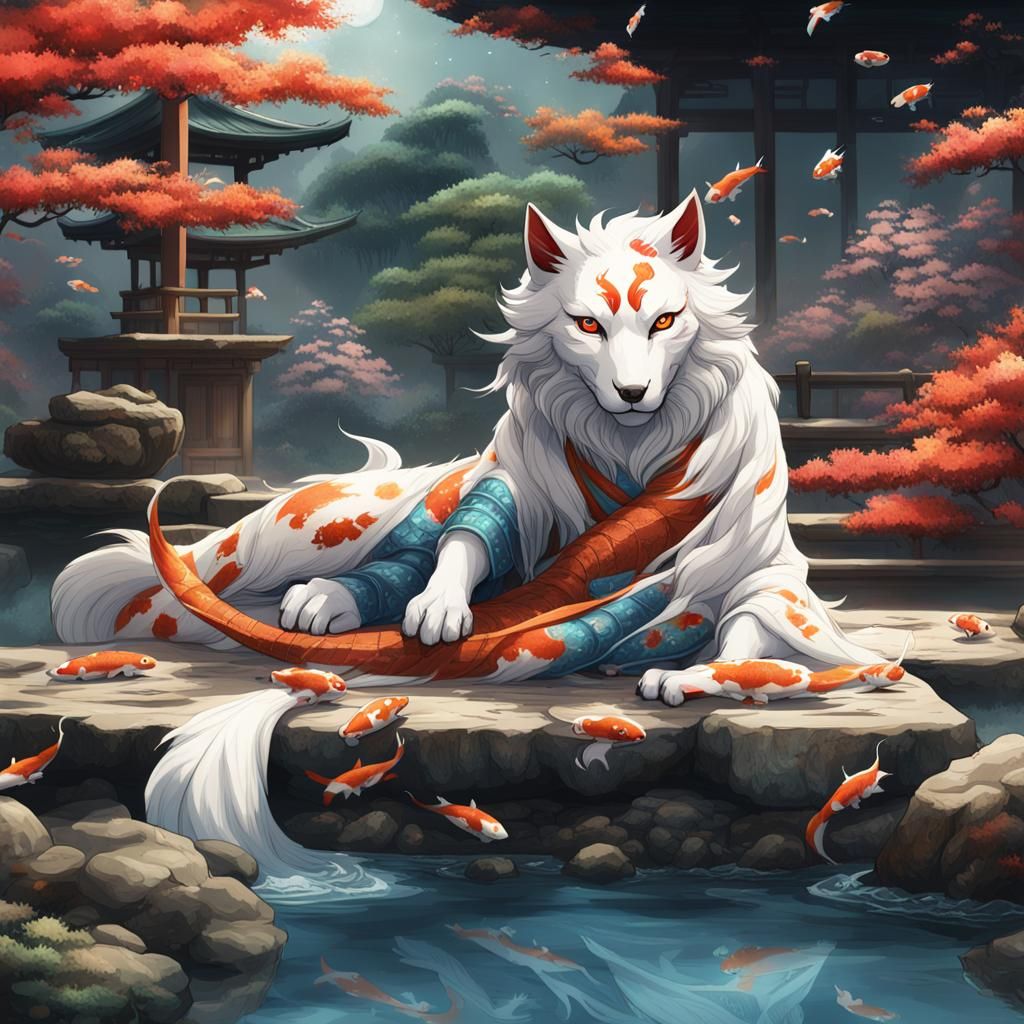 Amaterasu Paints Koi Fish: Fantasy Concept Art