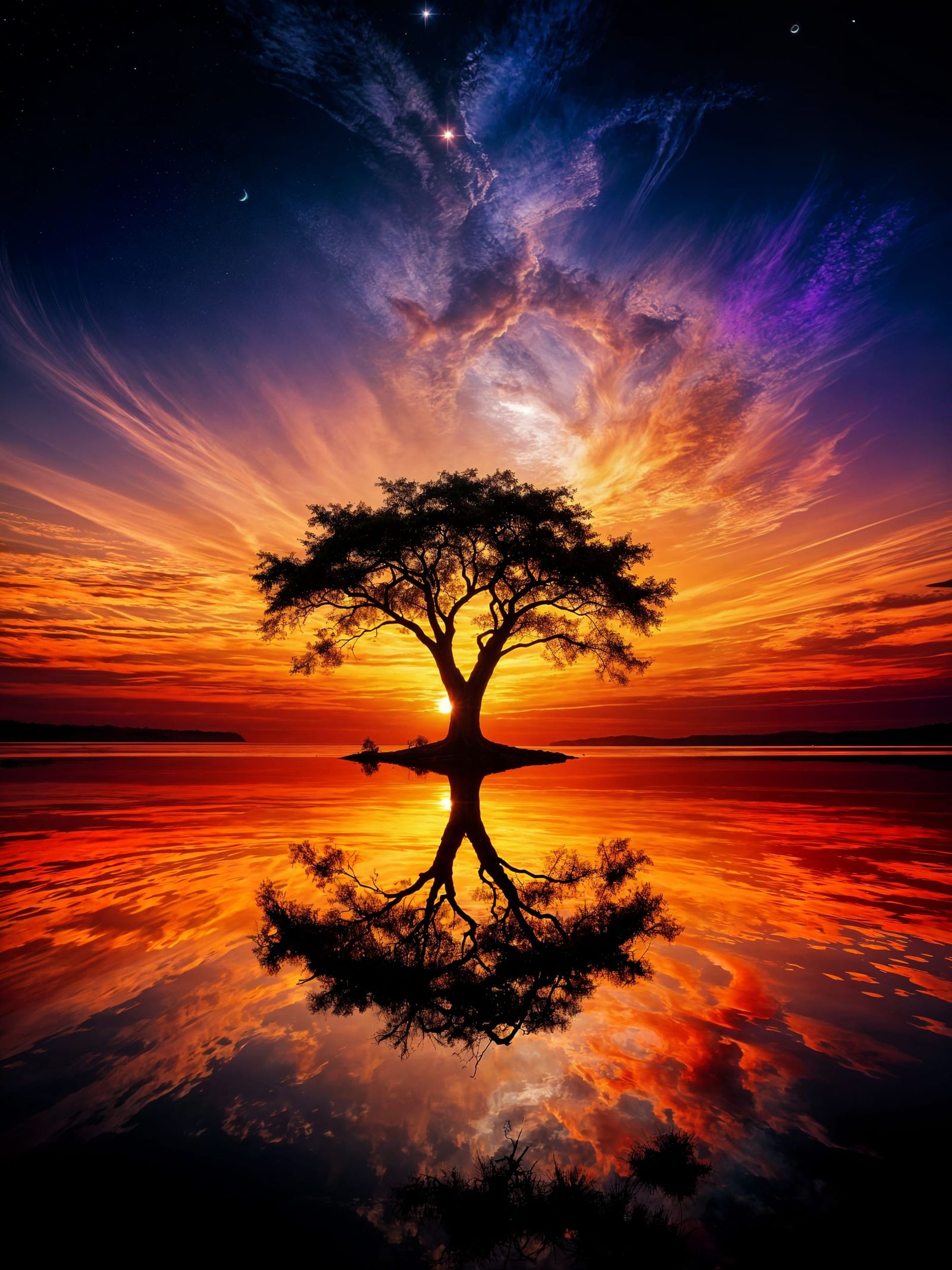 Cosmic Sunset Over Glassy Sea With Silhouetted Tree