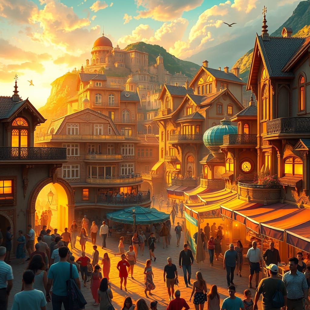 Vibrant Seaside Town in Art Nouveau Style