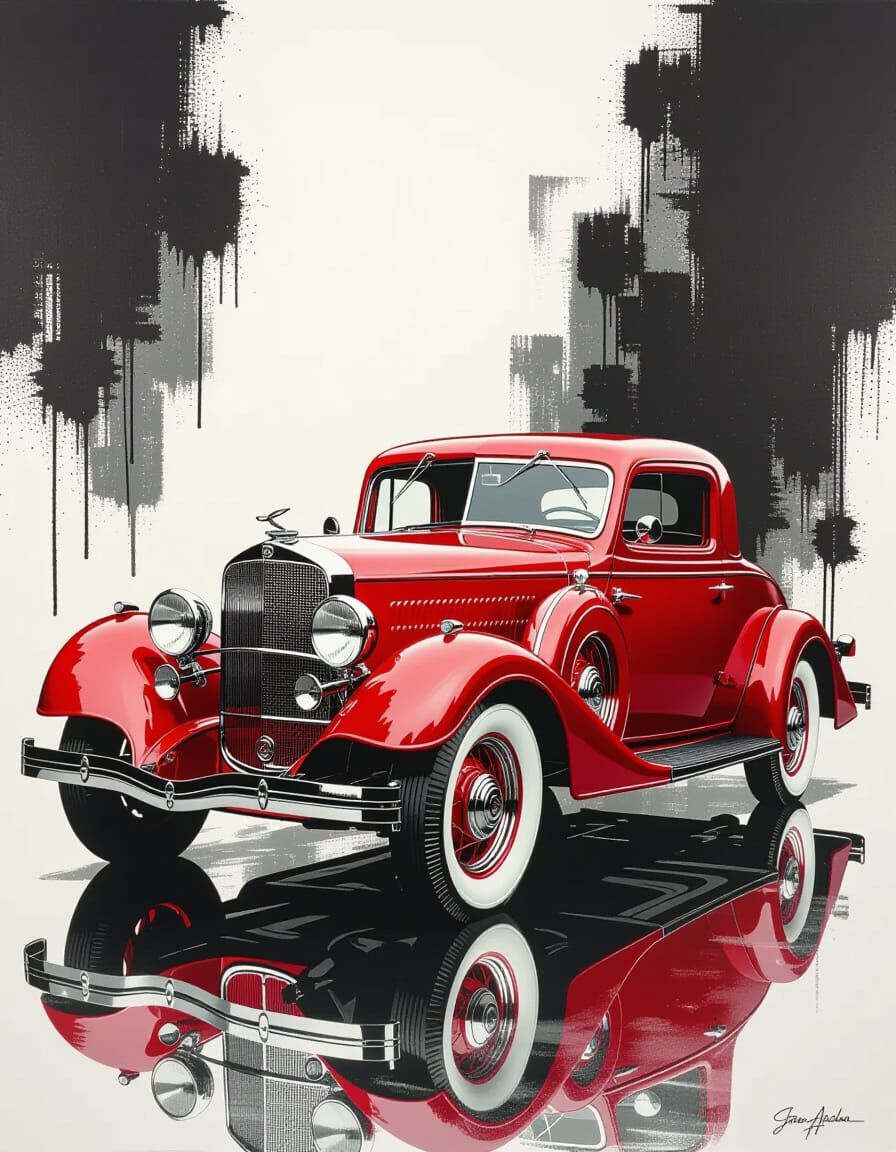 A 1930s vintage car with a polished cherry red finish, streamlined body, and elegant chrome accents, set against a soft ...