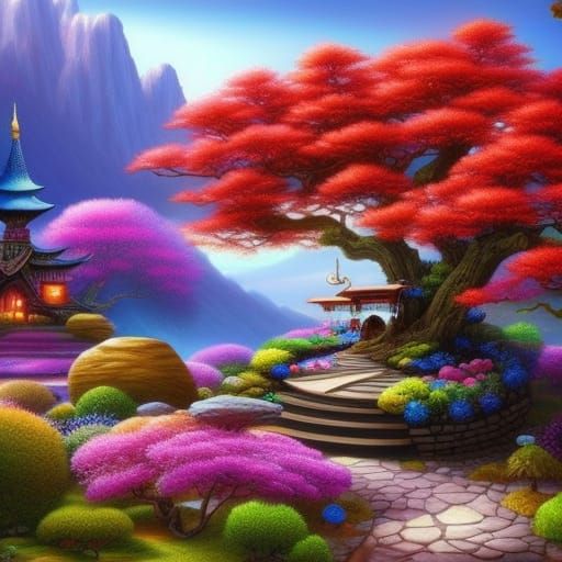 Fantasy Landscape with Whimsical Treehouse, Digital Illustra...