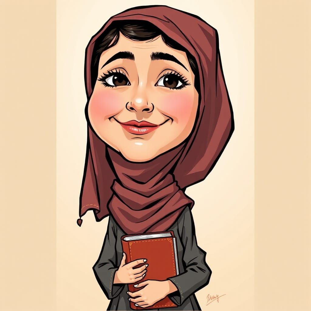 14-year-old Malala Yosafzai in caricature, exaggerated big face, headscarf, carrying a book.