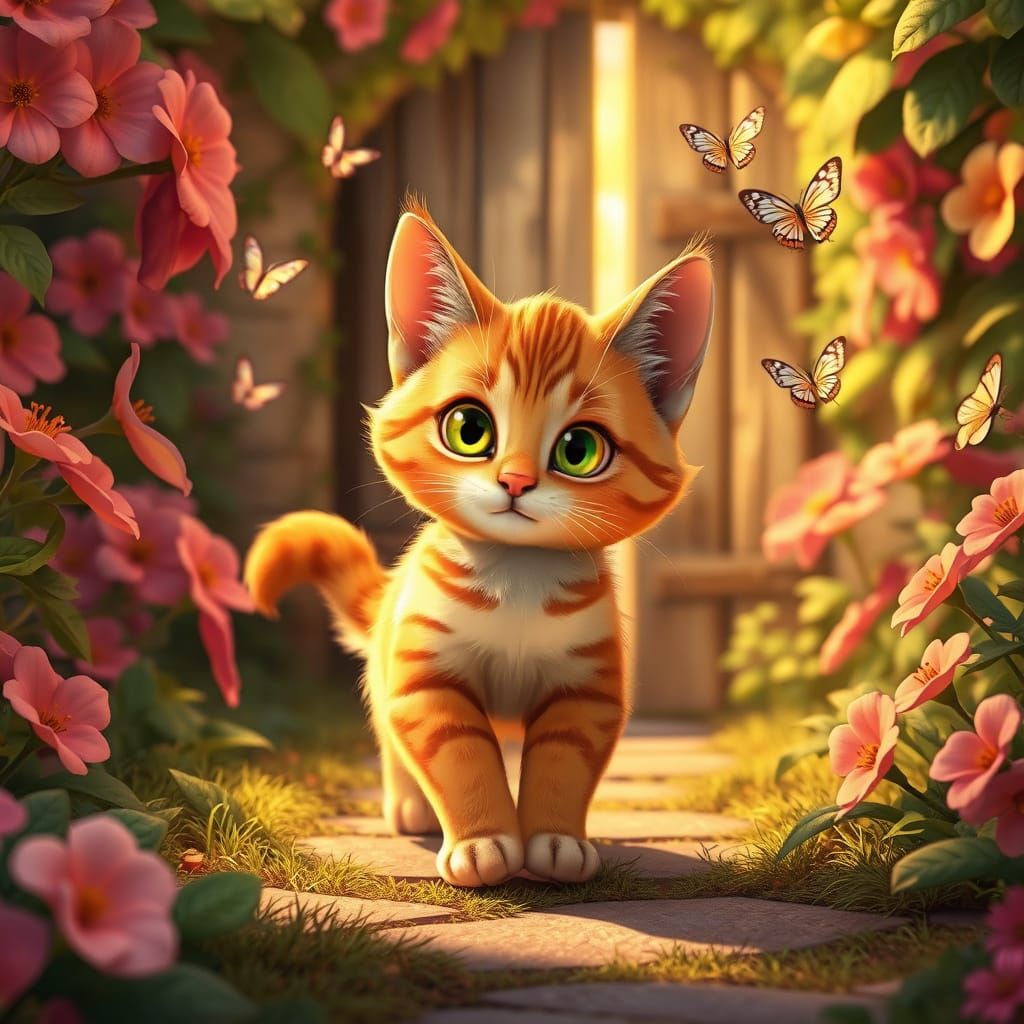 Whimsical 3D Cartoon Cat in Vibrant Garden Wonderland
