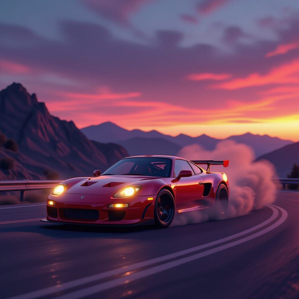 Crimson Sports Car Drifting on Mountain Road
