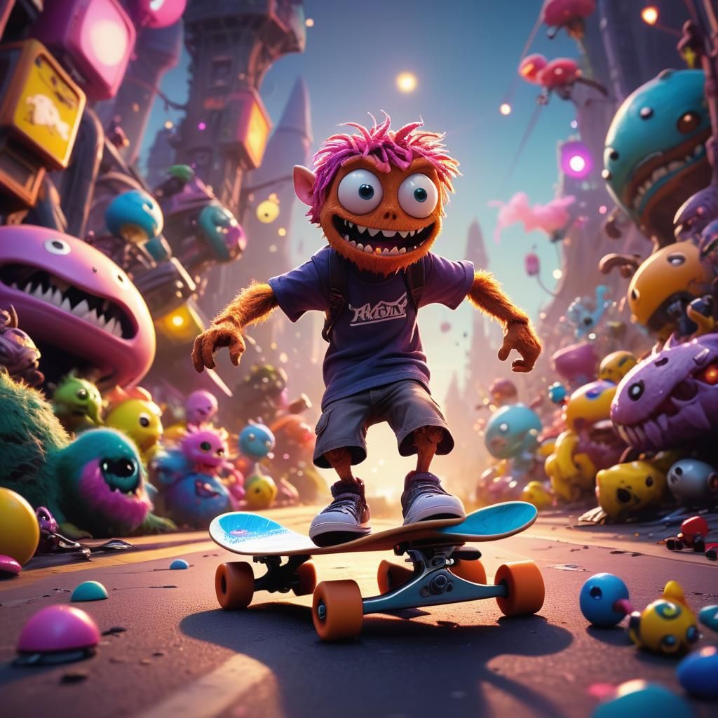 Doodle Guy Skateboarding Through Monster Toy World