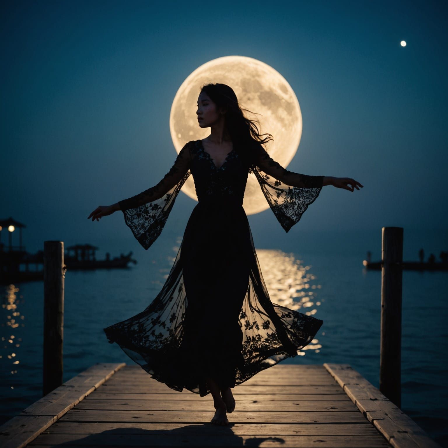 Silhouette of Woman Dancing in Moonlight