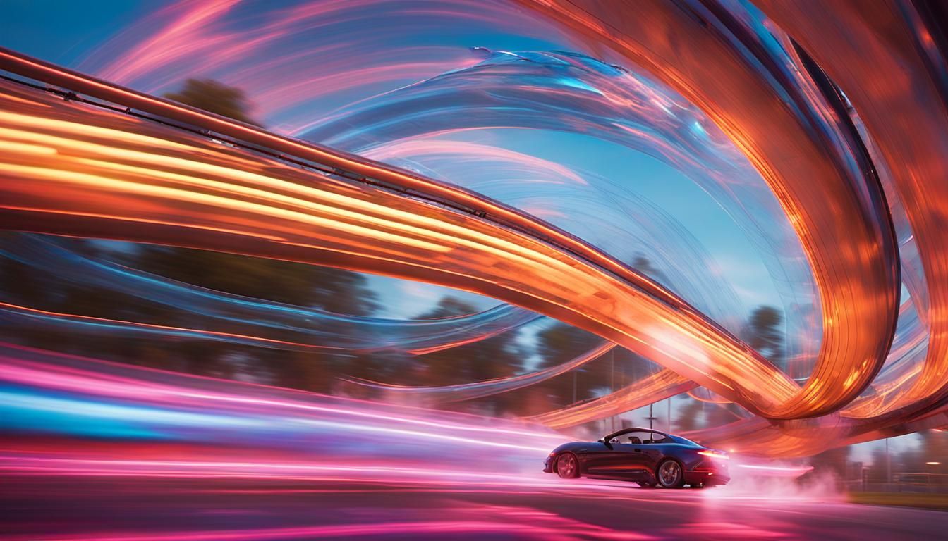 Neon Roller Coaster Slices Through Clouds in Cyberpunk Style