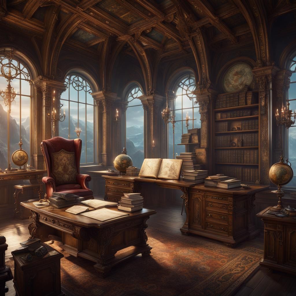 Detailed Captain's Study with World Maps