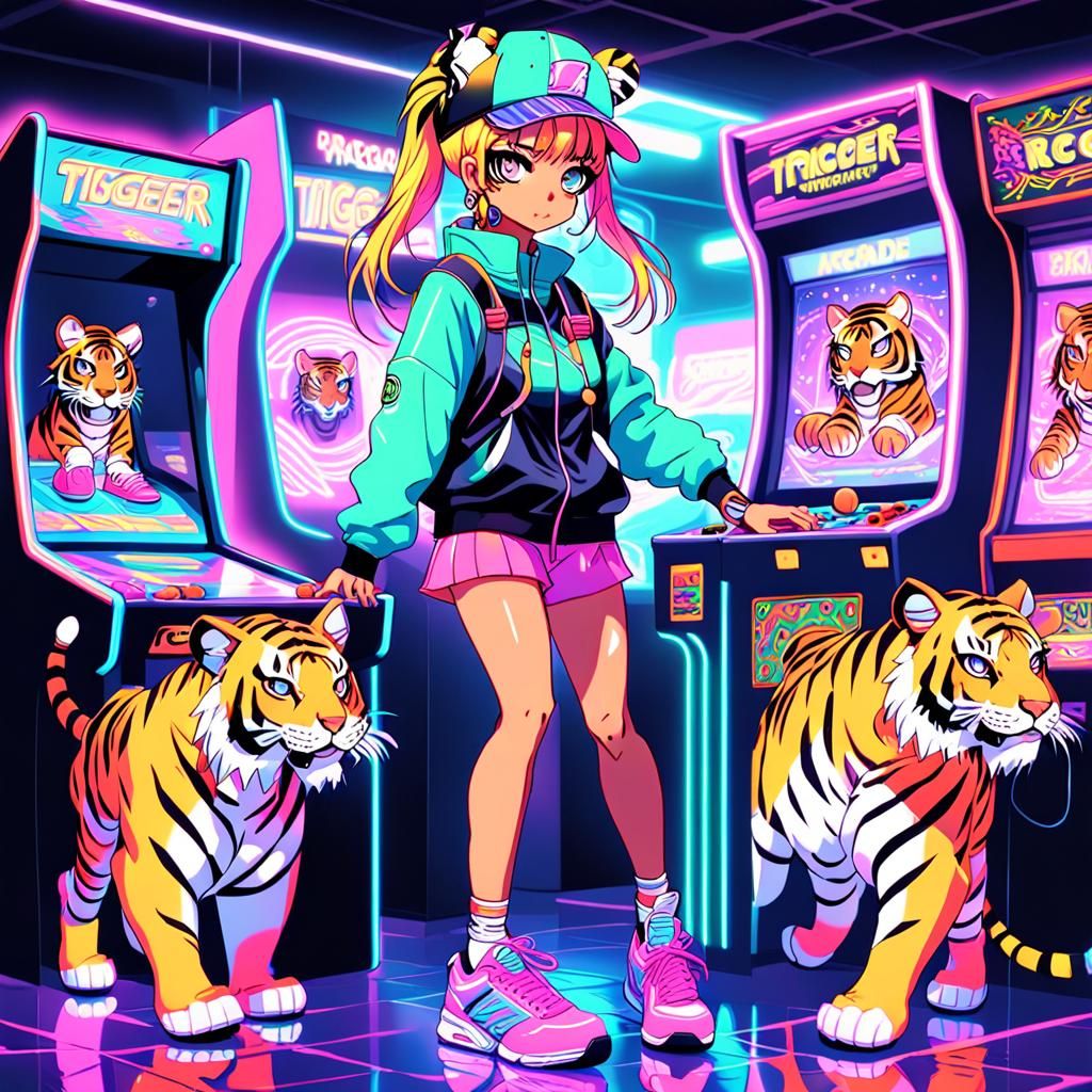 Vaporwave Anime Tiger Girl Playing Arcade Game
