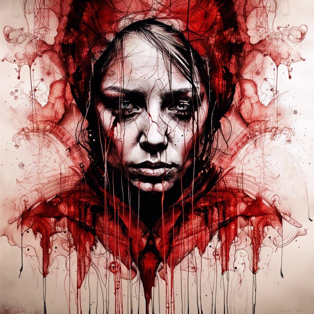 Intricate Rorschach Test of Sad Girl in Red Ink