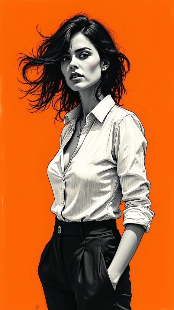 Captivating Woman in Bold Ink Illustration on Orange