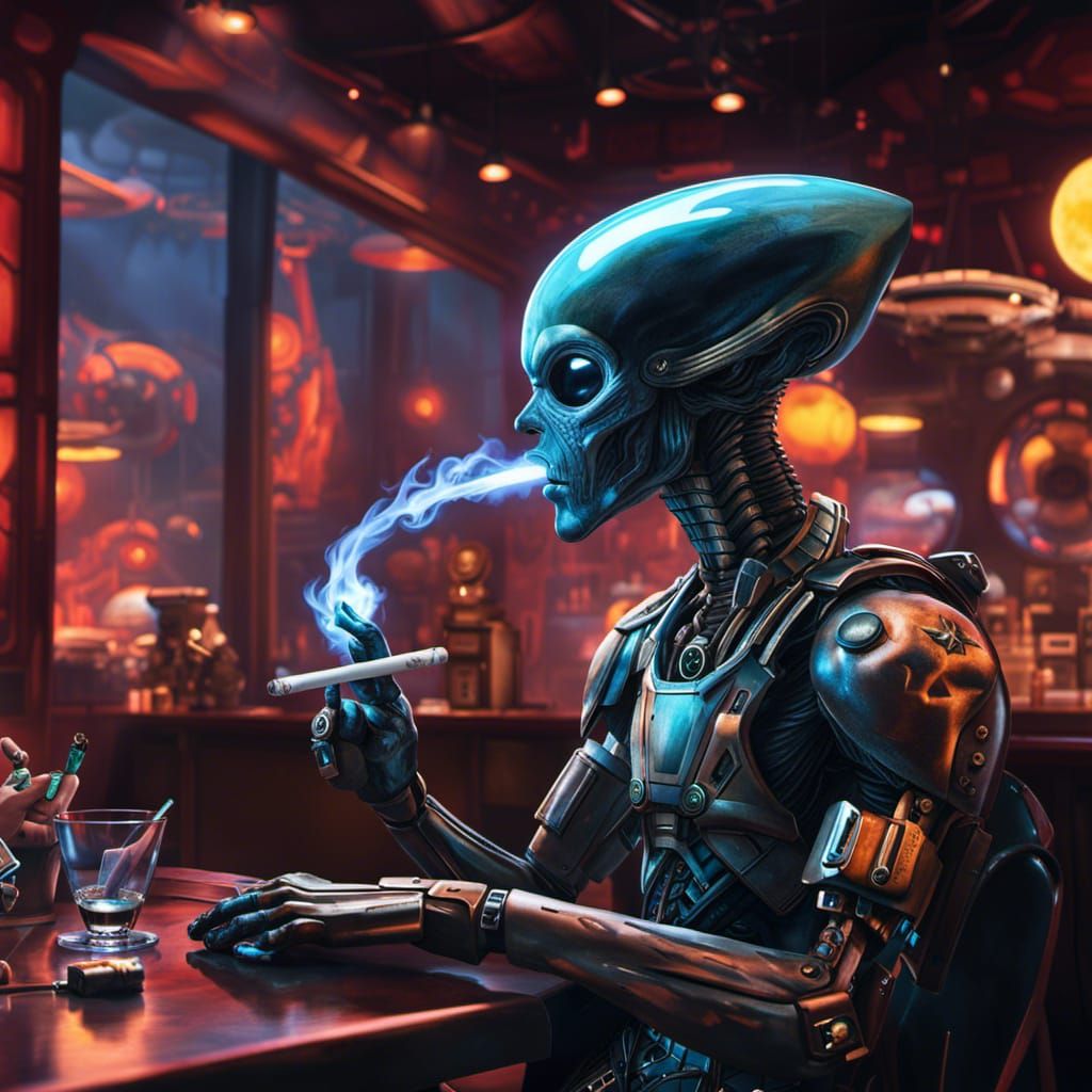 a cyborg smoking