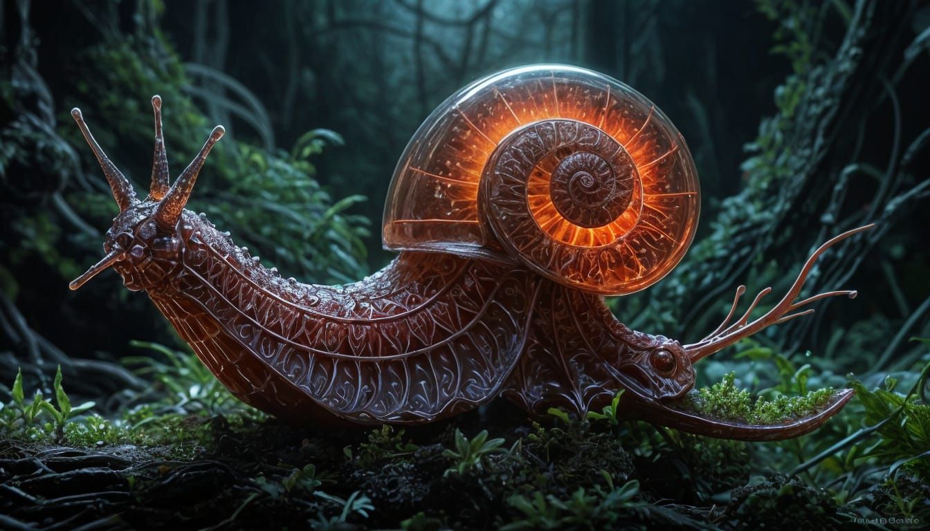 Glass Snail Illuminated in Ethereal Fractal Garden