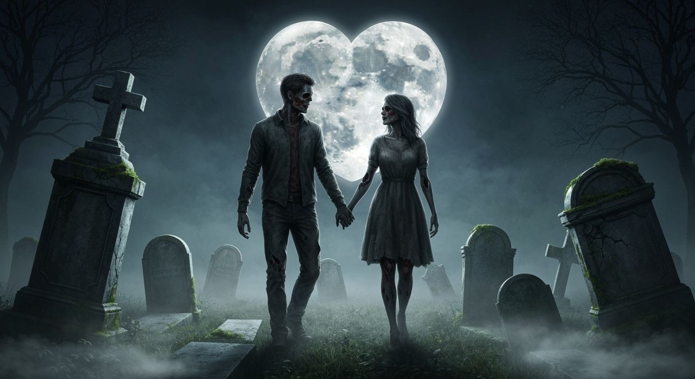 Zombie Couple's Romantic Stroll in Moonlit Graveyard
