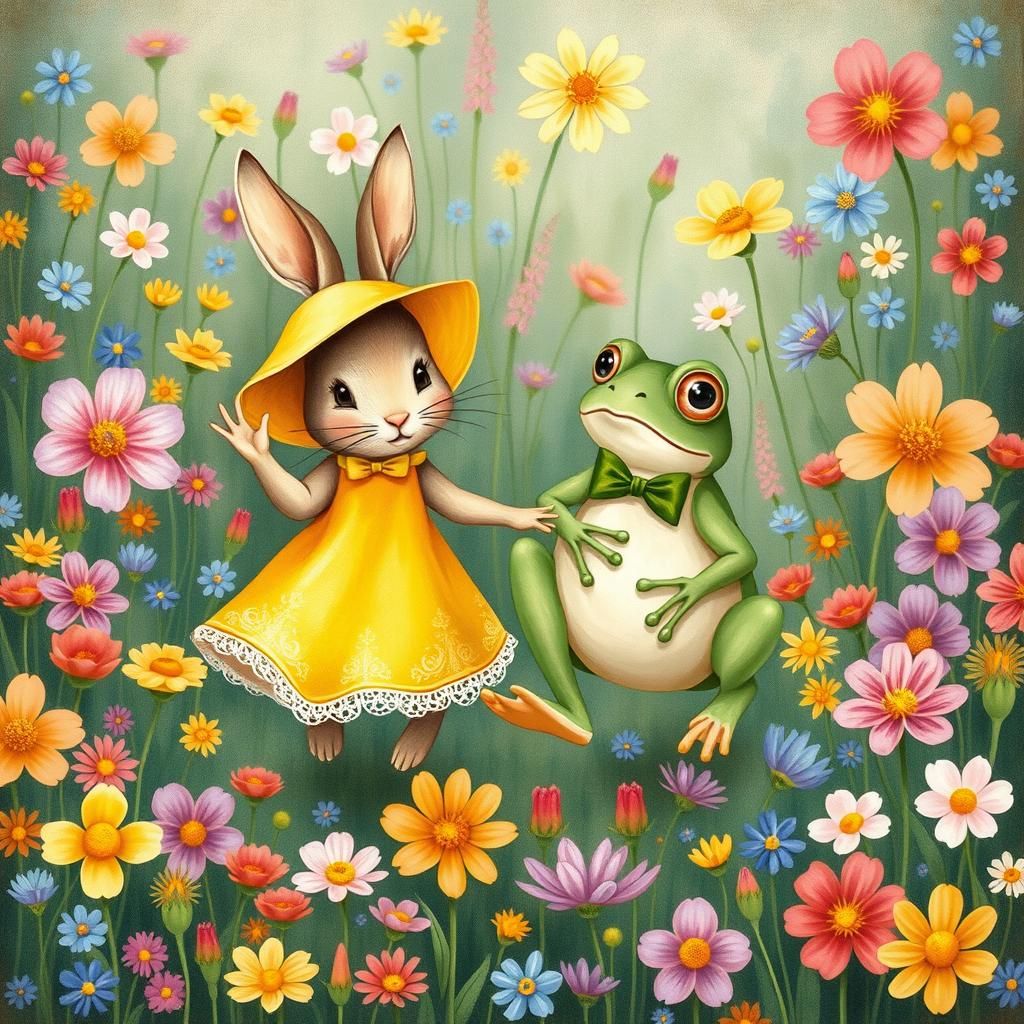 Rabbit and Frog Frolic in Wildflower Meadow