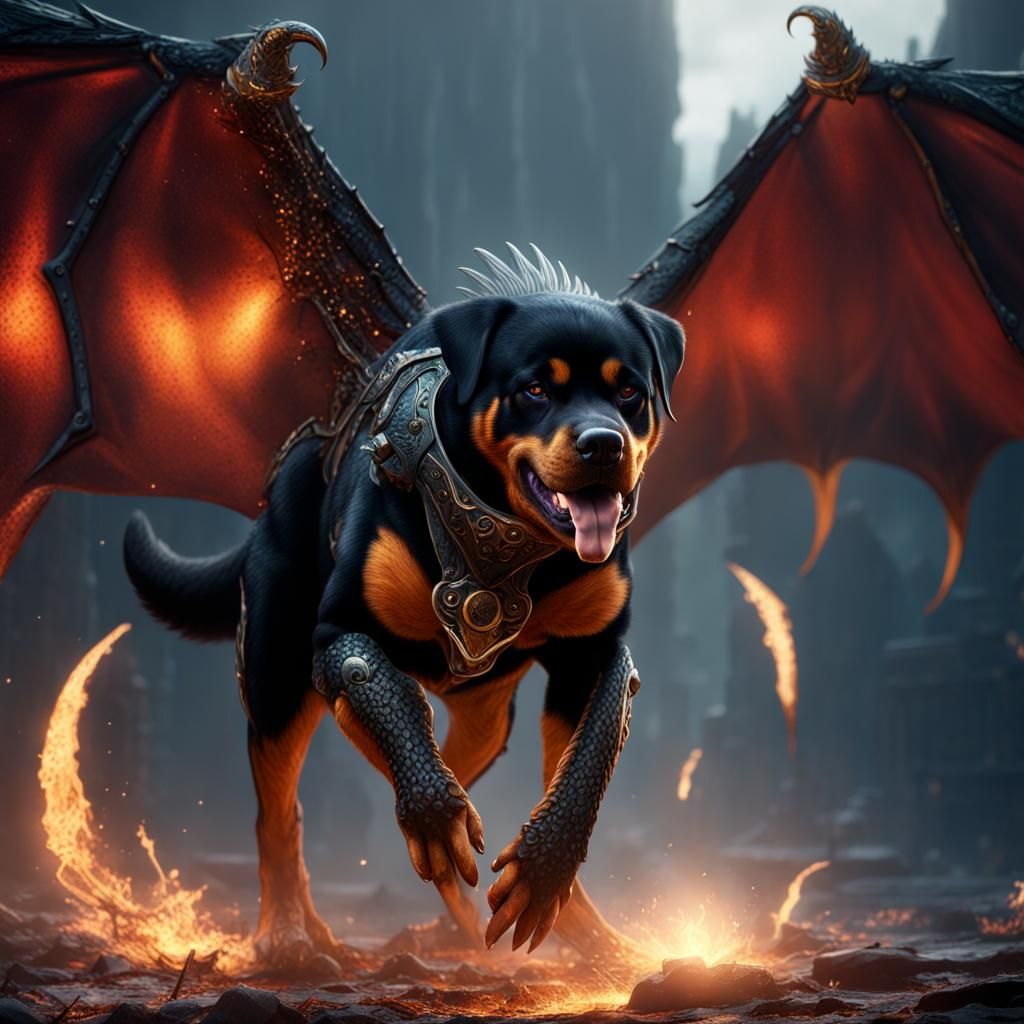 Fantastical Rottweiler Dragon in Detailed Matte Painting