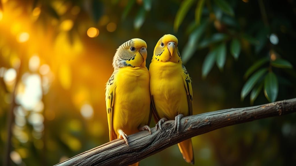 Majestic Budgerigar Perches in Golden Light, Cinematic Style