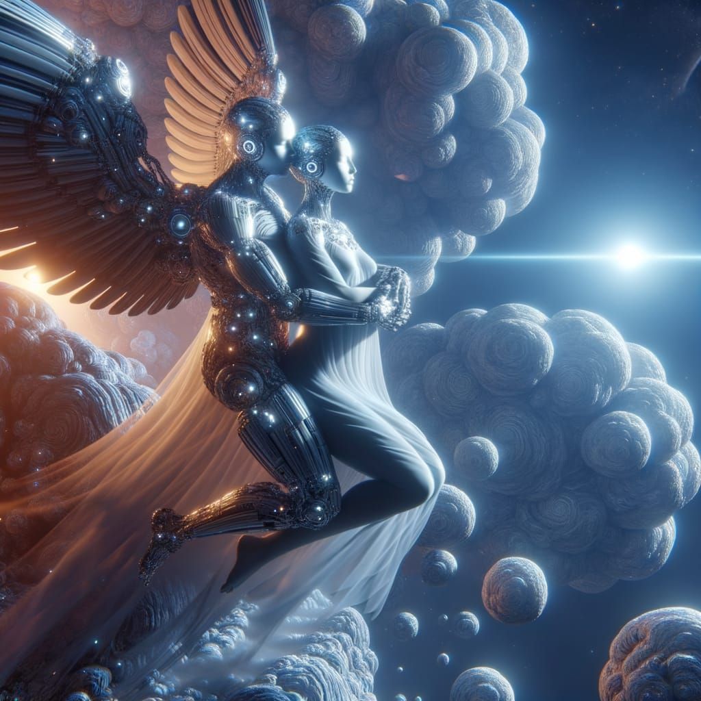 Cyborg Angels Embrace in Futuristic Sci-Fi Scene