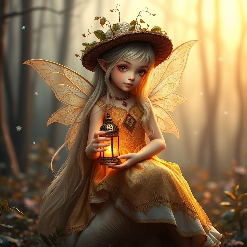 Whimsical Fairy Girl in Golden Gown with Delicate Wings and....
