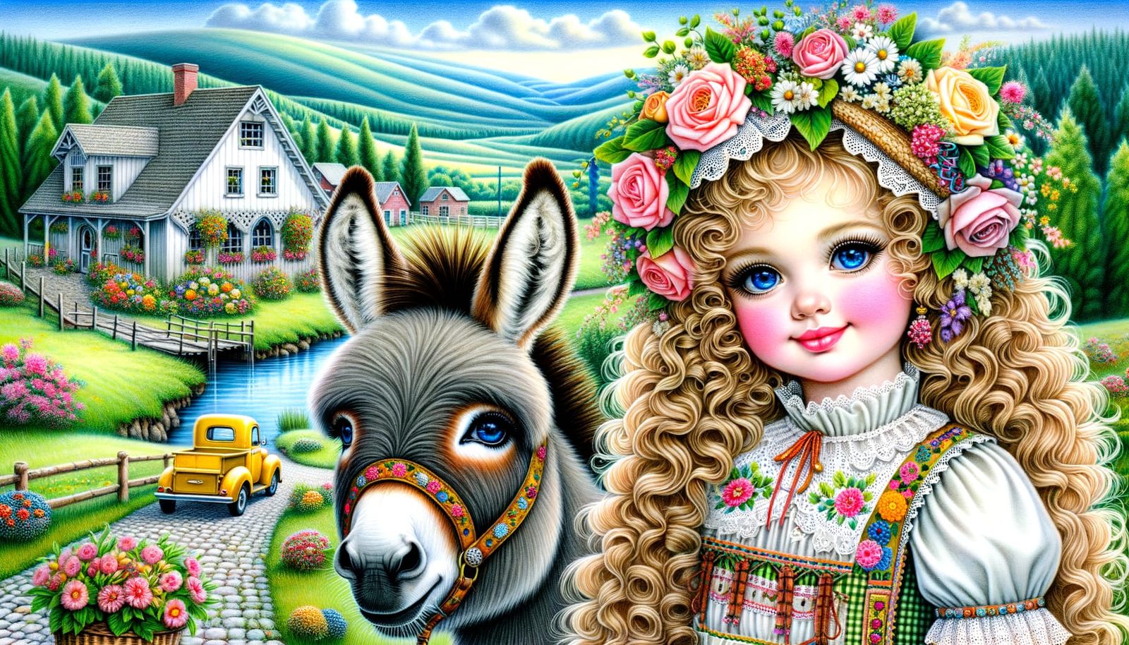 a close up of a cute caricature colored pencil drawing of a cute blonde girl with curly long hair adorned in flowers and...