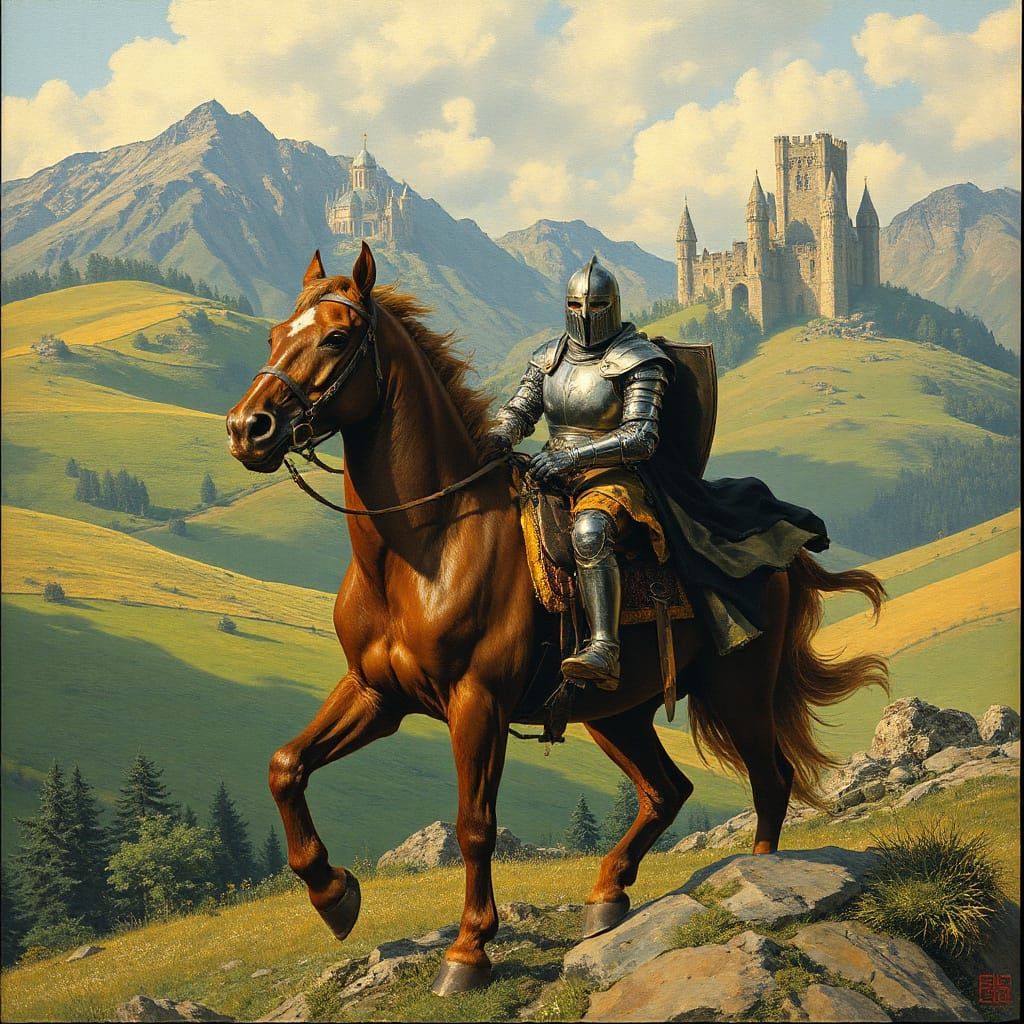Medieval Knight Rides Through Fantasy Landscape