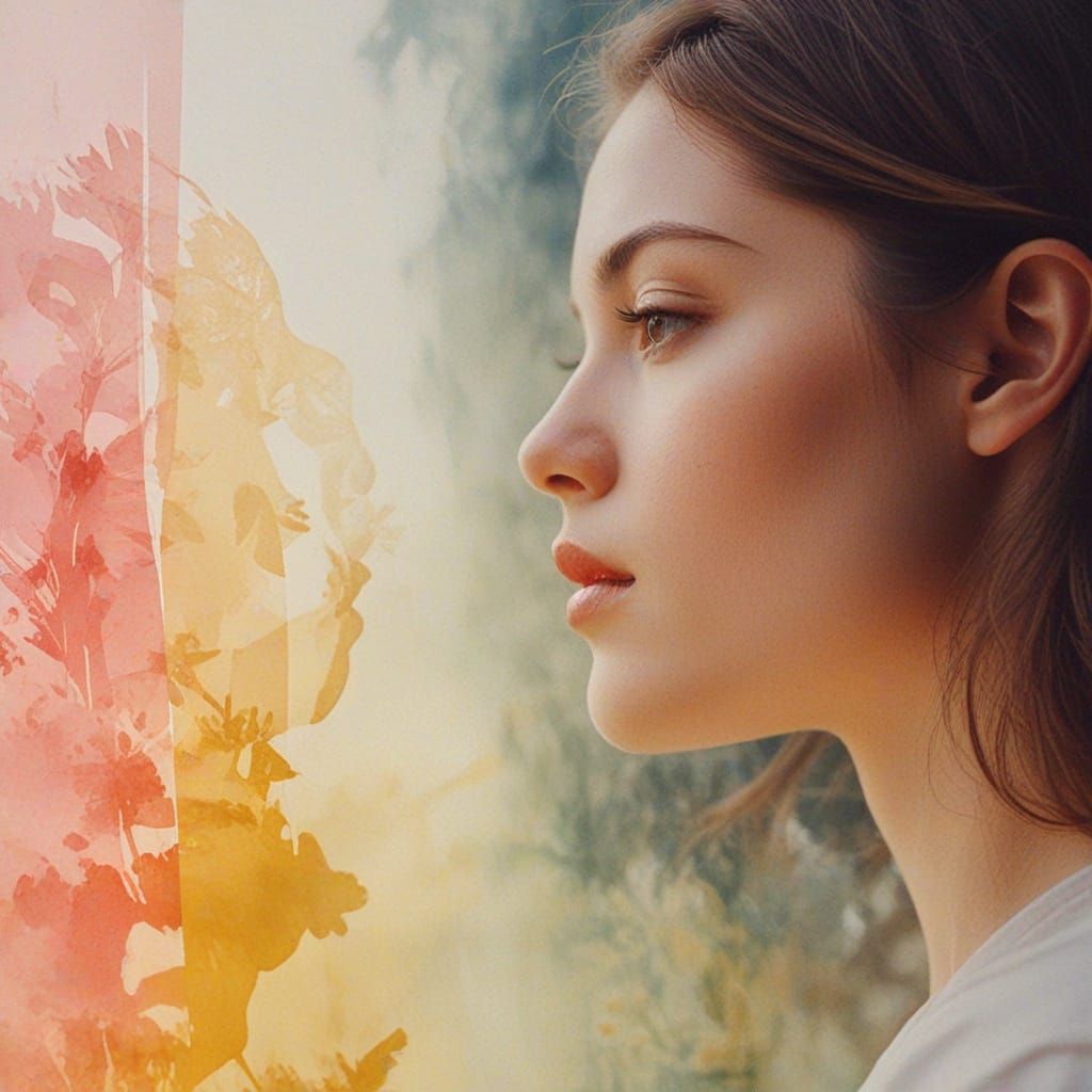 Dreamy Double Exposure Woman in Watercolor Style