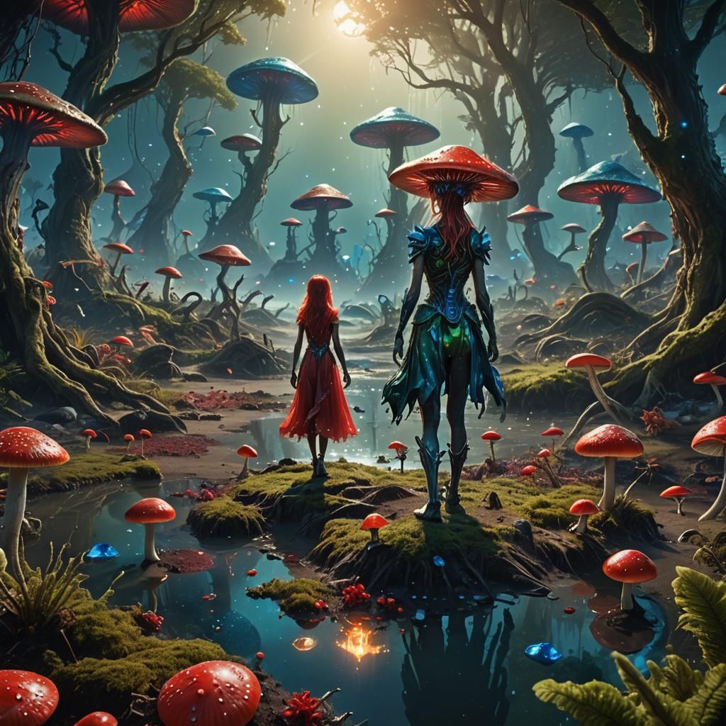 Alien Planet Beach with Mushroom Forest in Fantasy Style