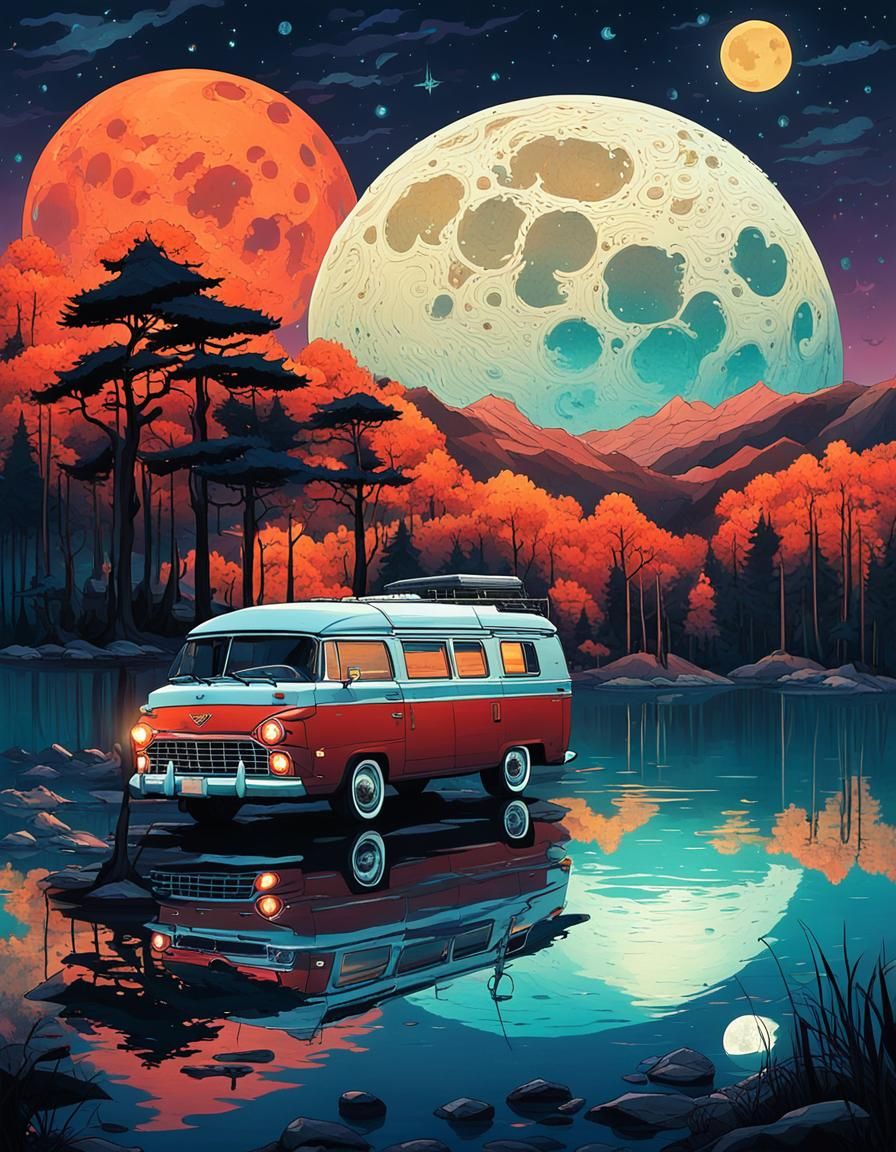 Campervan and Cadillac Under Colossal Moon, Anime Art