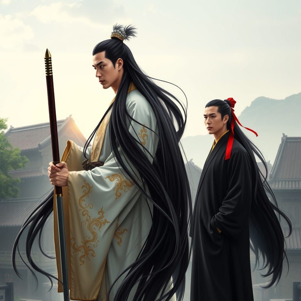 Ethereal Asian Warriors in Traditional Attire, Surrounded by...