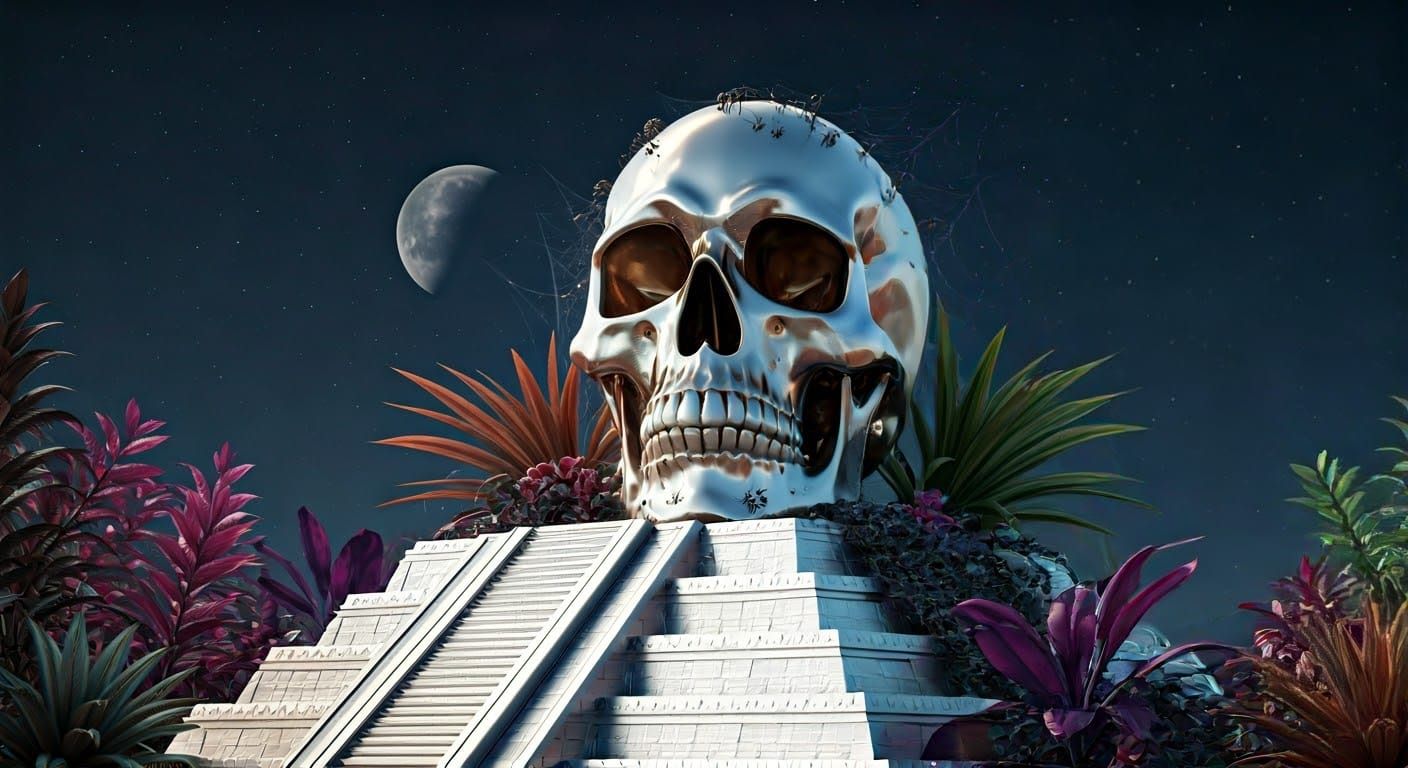 Surreal Futuristic Skull Reigns Over Chrome Aztec Pyramid in...
