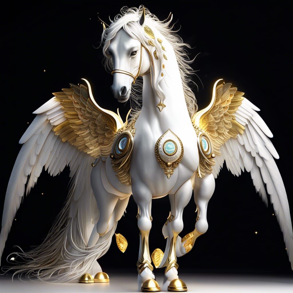 Majestic White Pegasus with Golden Armor, 3D Render
