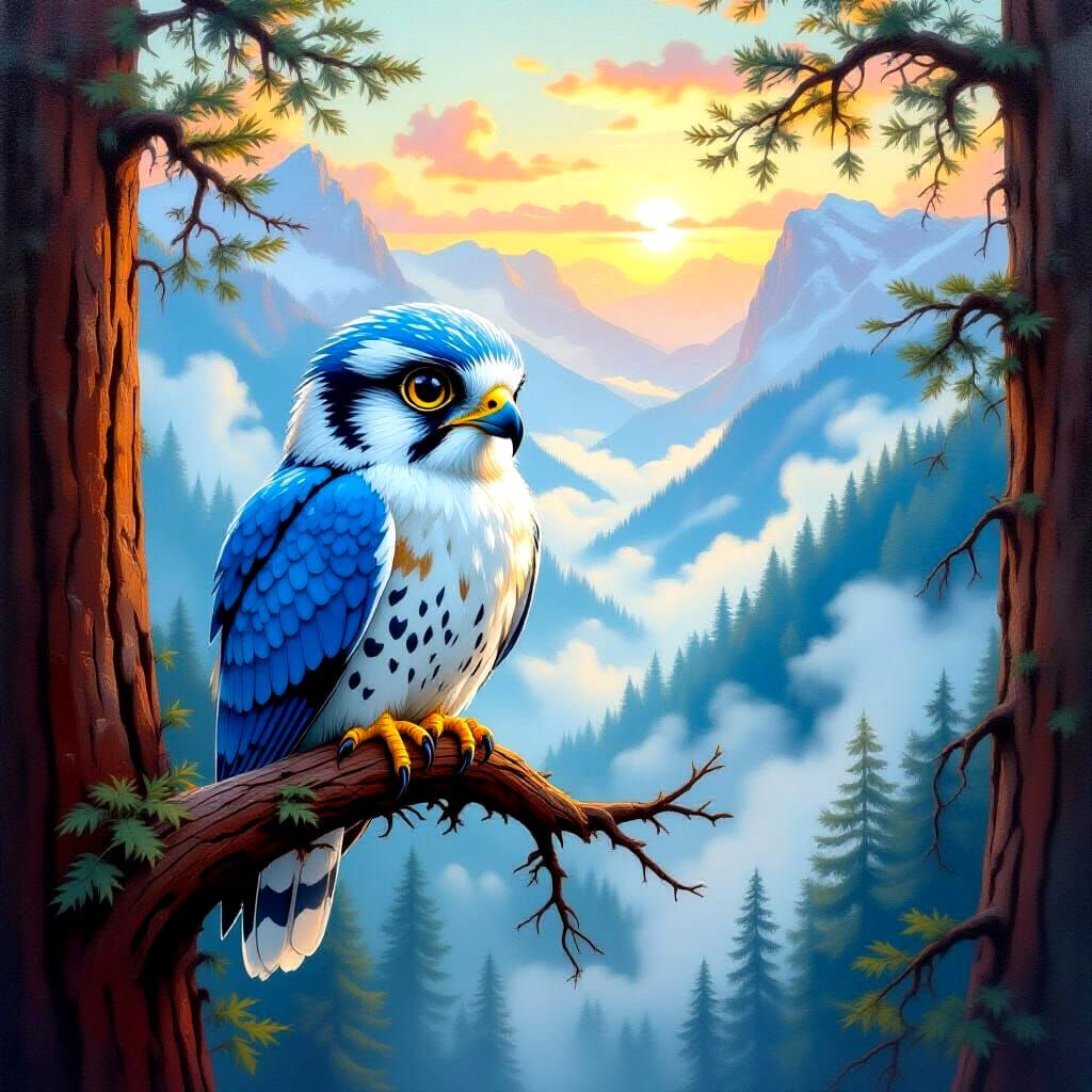 Cute Fluffy Falcon Hawk Over Foggy Mountain Valley