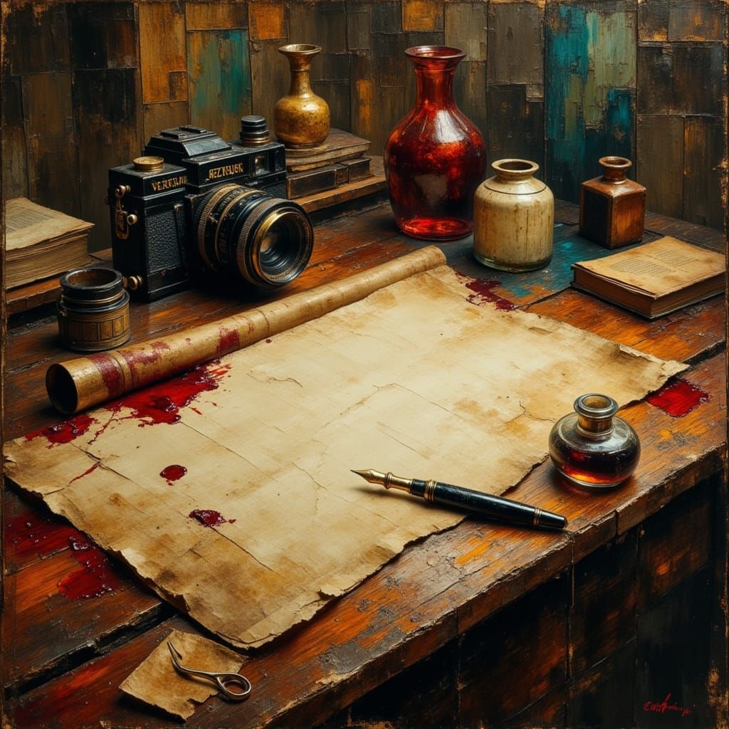 Melancholic Creator's Desk with Blood Stains, Oil Painting