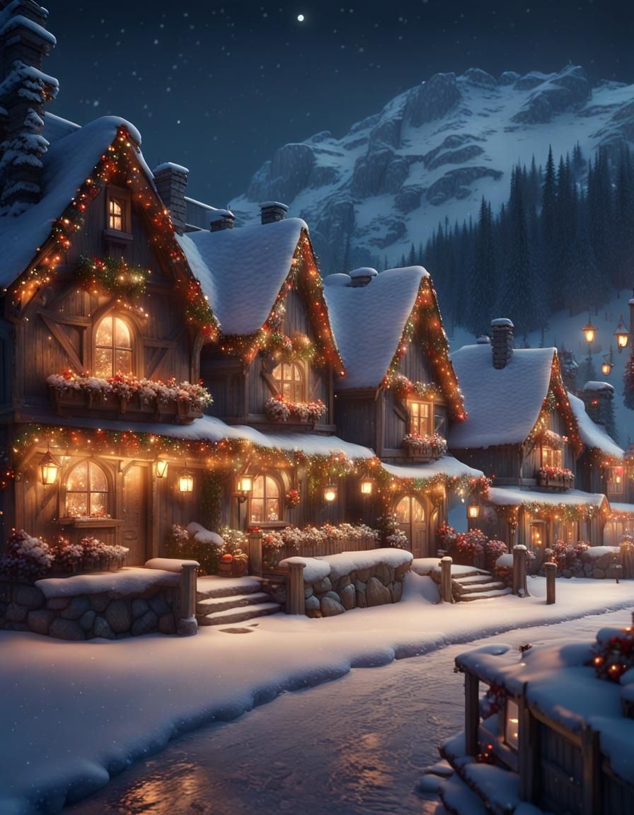 Winter Village Christmas Scene in Snowy Mountains