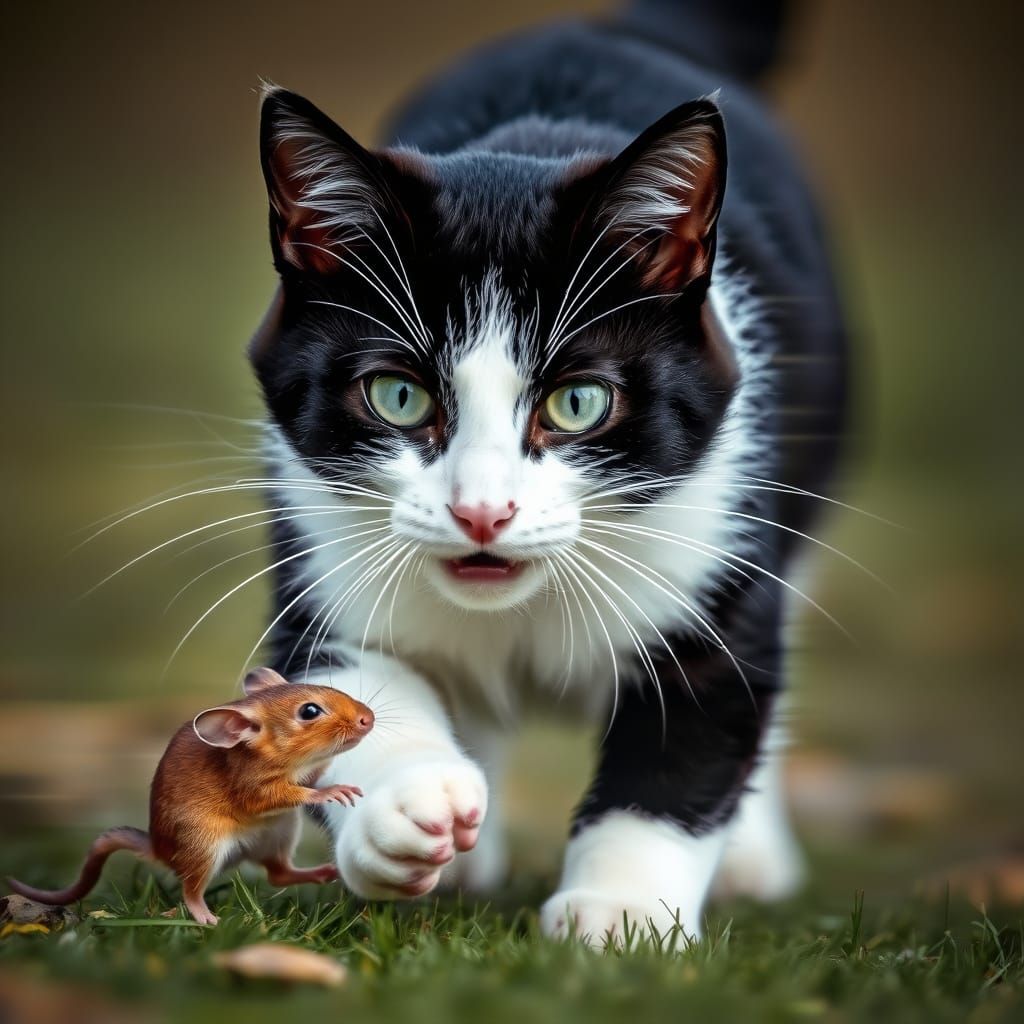 Black and White Cat Chasing Mouse, Double Exposure Photo