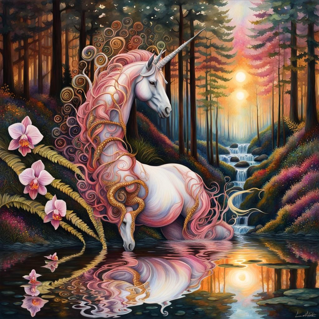 Magical Unicorn Family in Klimt-Inspired 3D Watercolor