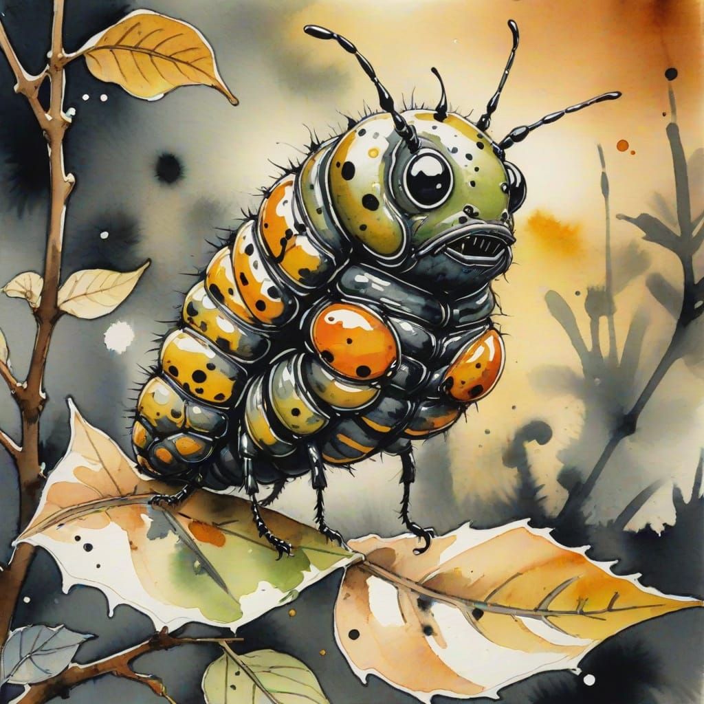 Larva in Japanese Sumi-e Ink Painting Style